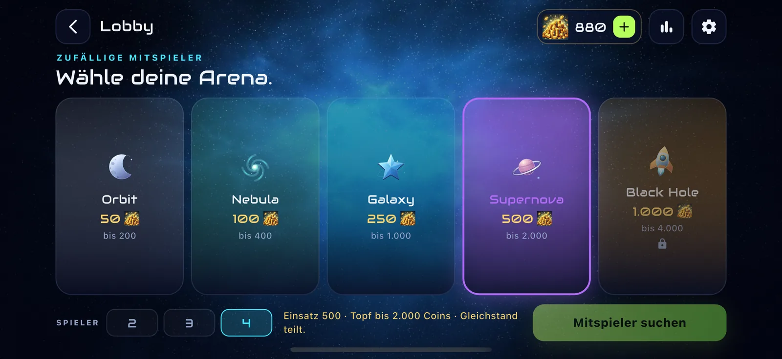 Arena selection with stakes and possible pots