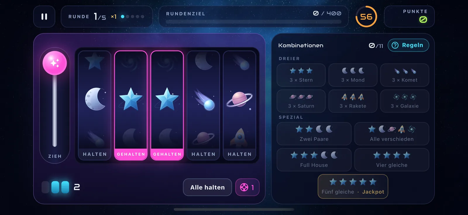 Two star reels held, three free reels ready for the next pull