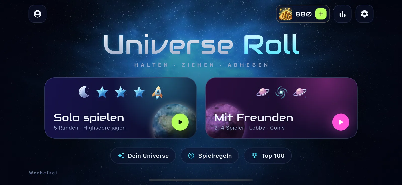 Main menu of Universe Roll