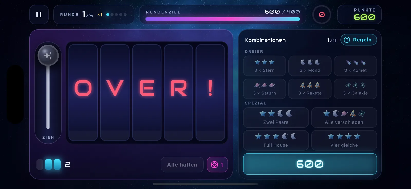 The reels spell O V E R ! at the end of a round