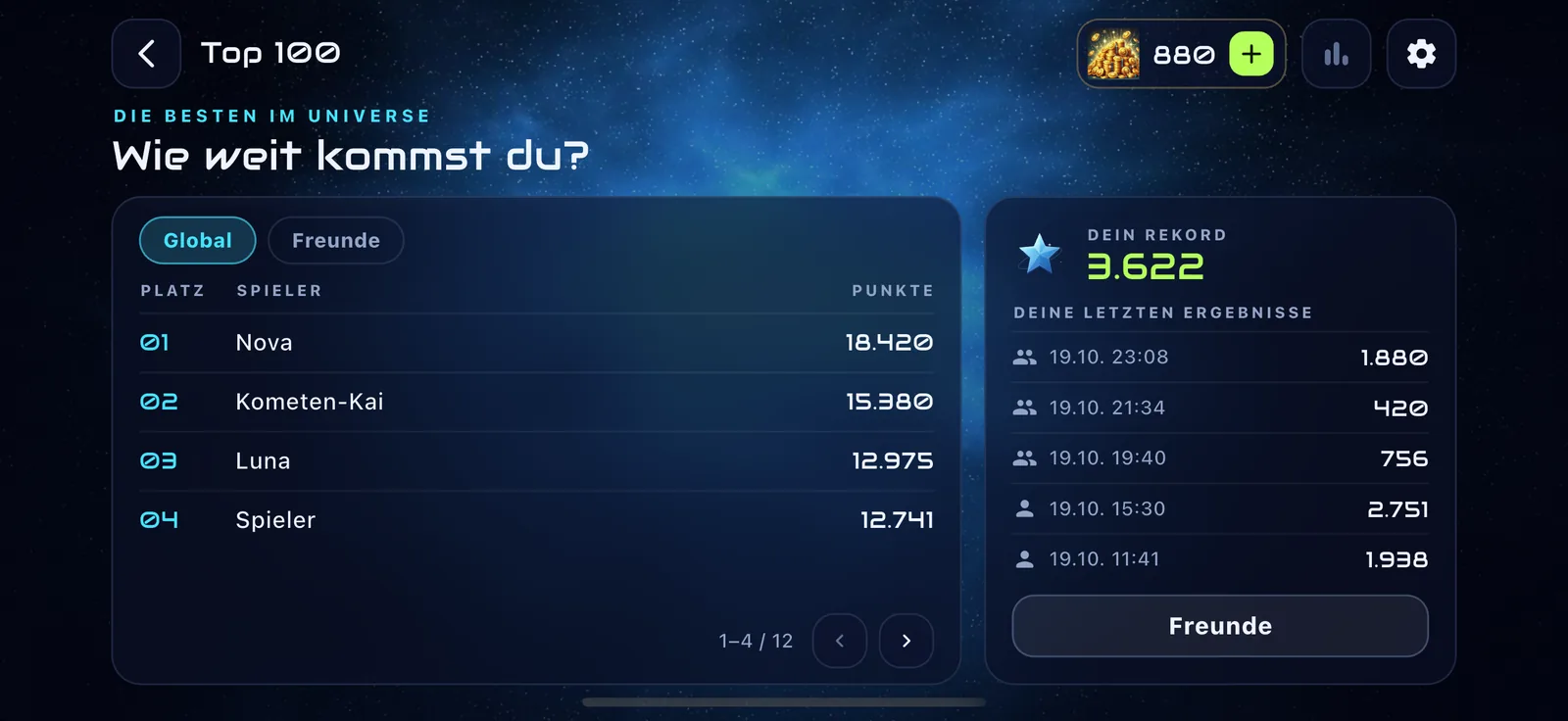 Top 100 leaderboard and your latest results